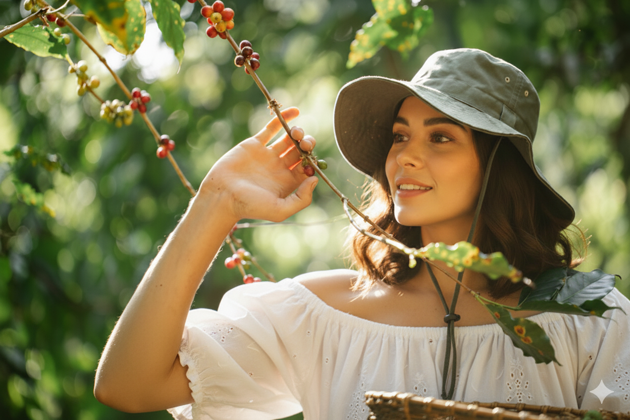 Woman picking coffee berries in Boquete Panama